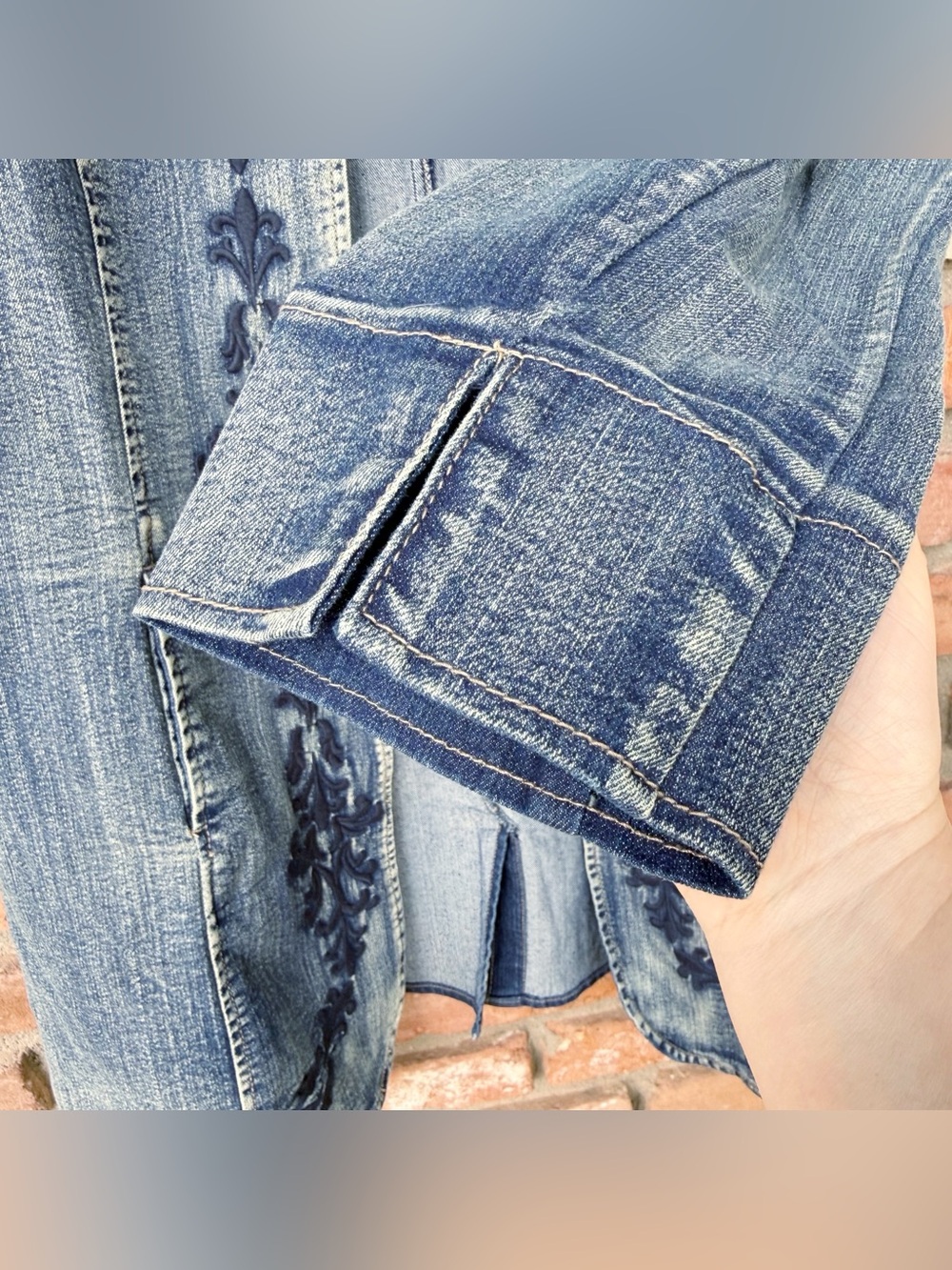 Long Embroidered Boho Denim Jacket Hip-Length Hook-and-Eye Closure Size XL - Picture 8 of 11